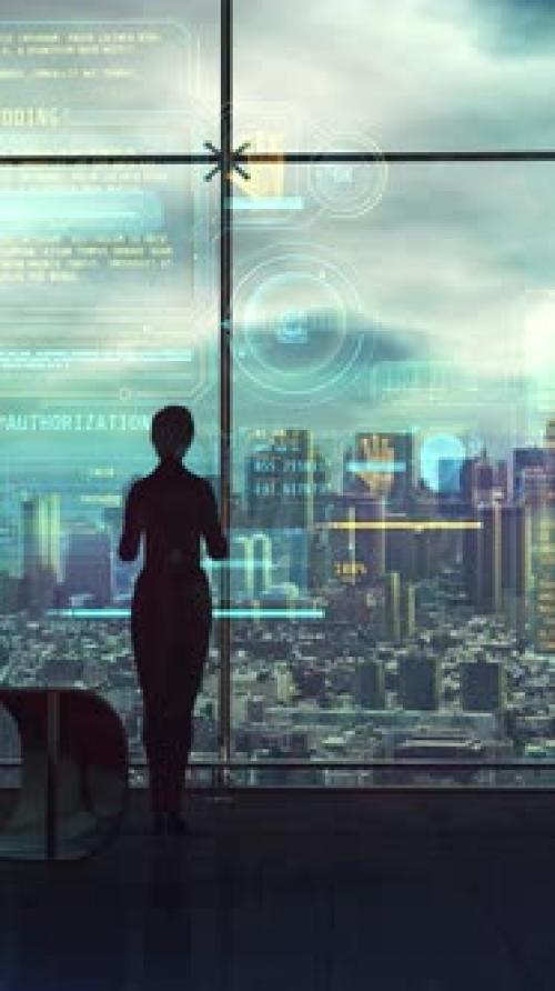 Videohive - Female Silhouette in the Office in Front of a Holographic Projection 3D Render - 47688565 - 47688565