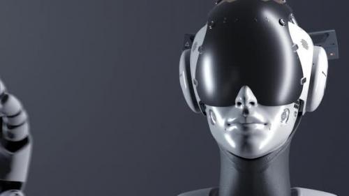 Videohive - portrait of a female robot, flipping through information on a virtual display - 47691180 - 47691180