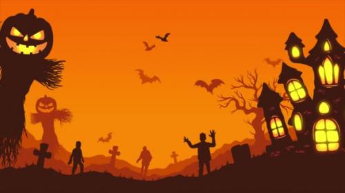 Videohive - Happy Halloween Landscape Background On Orange 4K - 47700910 - 47700910