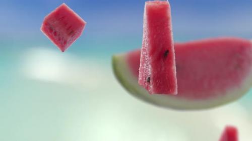 Videohive - Flying of Watermelon and Slices in Blue Beach Background - 47752645 - 47752645