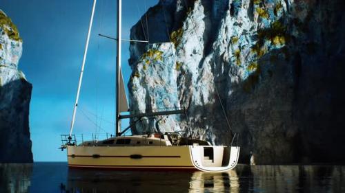 Videohive - Yacht in the Sea with Greeny Rocky Island - 47758438 - 47758438