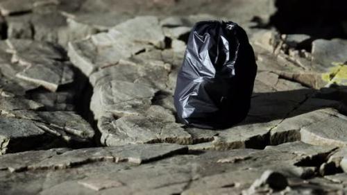 Videohive - Black Trash Bag Lay on a Rocky Beach - 47786707 - 47786707