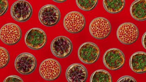 Videohive - Trendy Food Background 3d Animation of Flying Many Pizzas on Red Background - 47745152 - 47745152