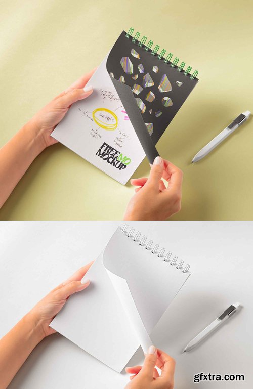 Hands Holding Spiral Notebook PSD Mockup Template