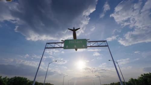 Videohive - Milan City Road Sign - Airplane Arriving To Milan Airport Travelling To Italy - 47763827 - 47763827