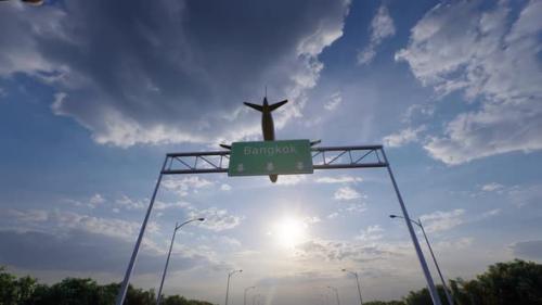 Videohive - Bangkok City Road Sign - Airplane Arriving To Bangkok Airport Travelling To Thailand - 47763839 - 47763839