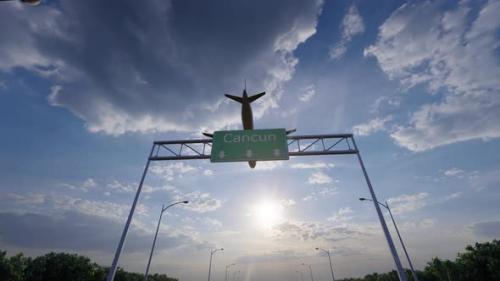 Videohive - Cancun City Road Sign - Airplane Arriving To Cancun Airport Travelling To Mexico - 47774925 - 47774925