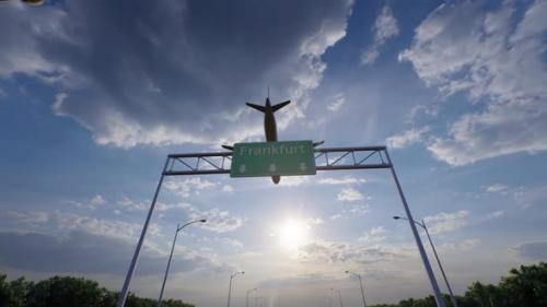 Videohive - Frankfurt City Road Sign - Airplane Arriving To Frankfurt Airport Travelling To Germany - 47778494 - 47778494