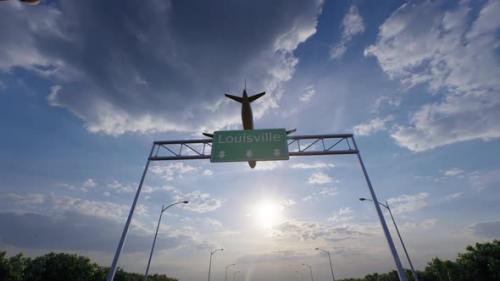 Videohive - Louisville City Road Sign - Airplane Arriving To Louisville Airport Travelling To United States - 47778820 - 47778820