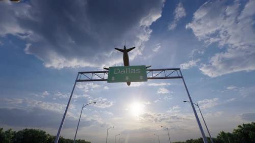 Videohive - Dallas City Road Sign - Airplane Arriving To Dallas Airport Travelling To United States - 47778498 - 47778498