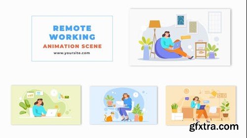 Videohive Animation Scene with Flat Character Female Working Remotely 47865636