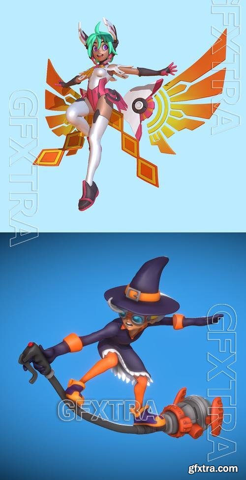 Manga Angel and Witch on broom &ndash; 3D Print Model