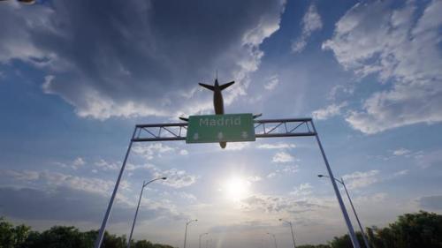 Videohive - Madrid City Road Sign - Airplane Arriving To Madrid Airport Travelling To Spain - 47763846 - 47763846