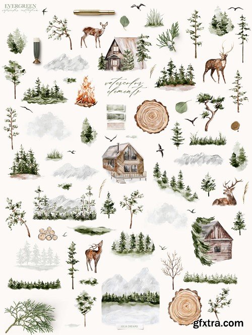 Watercolor Evergreen Forest Digital Clipart Set 6556E3F