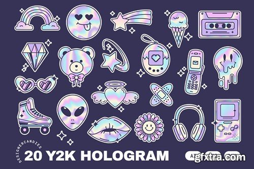 Y2K Holographic Stickers Illustrations Set VE64HT6