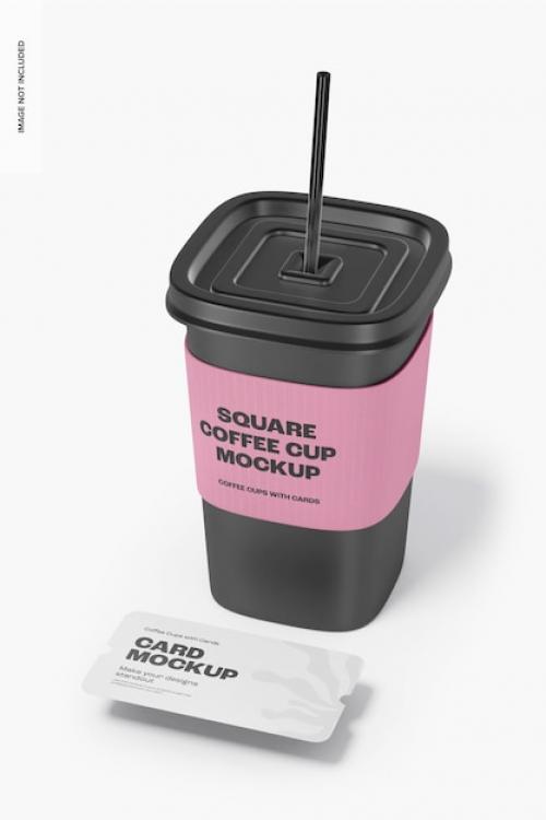 Premium PSD | Square coffee cup with card mockup, perspective Premium PSD