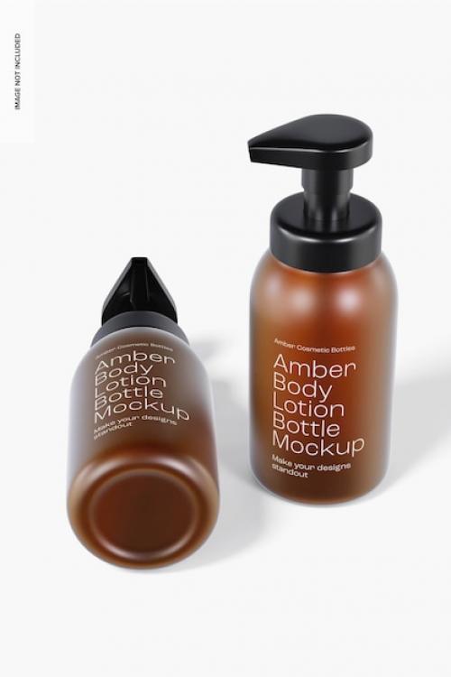 Premium PSD | Amber body lotion bottles mockup, standing and dropped Premium PSD