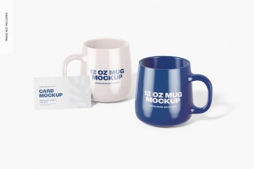 Premium PSD | 12 oz mugs with business card mockup Premium PSD