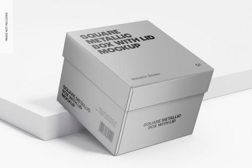 Premium PSD | Square metallic box with lid mockup, leaned Premium PSD