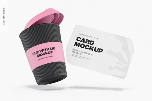 Premium PSD | Cup with lid and business card mockup, falling Premium PSD