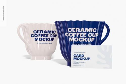 Premium PSD | Ceramic coffee cups with card mockup, right view Premium PSD
