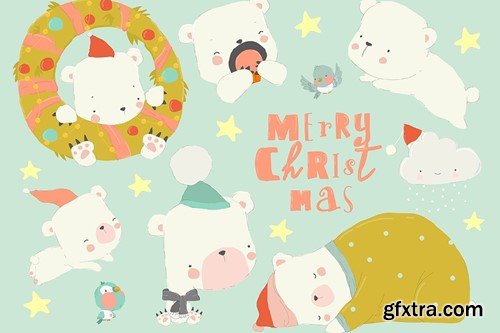 Cute Cartoon Vector Set of Polar Bears with Christ CUZL3HF