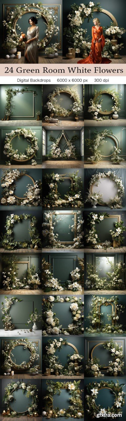 24 Green Room White Flowers Backdrops