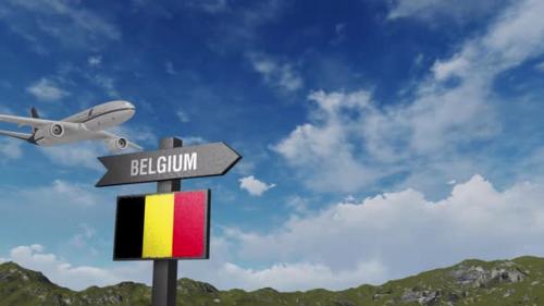 Videohive - Belgium Flag With Airplane And Arrow Sign - 47936105 - 47936105