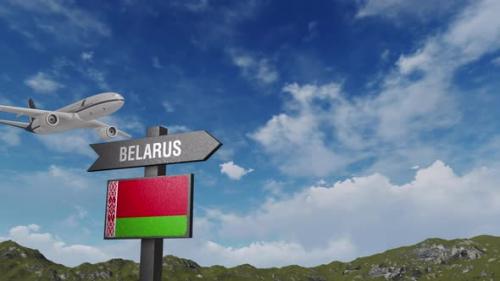 Videohive - Belarus Flag With Airplane And Arrow Sign - 47936111 - 47936111