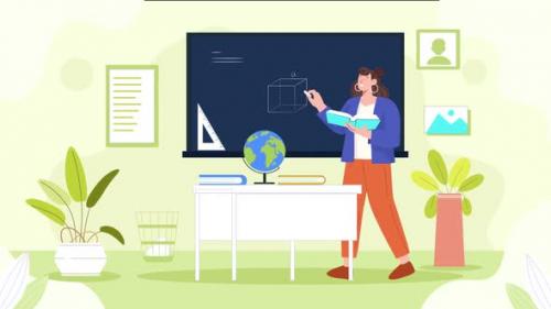 Videohive - Flat Style Animation Of Female Lecturer Teaching On Blackboard - 47936408 - 47936408