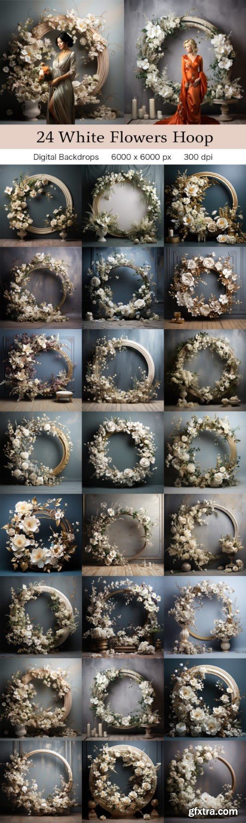 24 White Flowers Halo Ring Backdrops