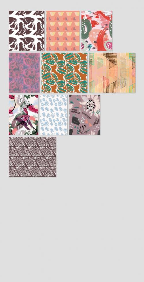 Seamless Pattern Collection with Hand Drawn Rough Abstract Strokes and Floral Elements 640476915