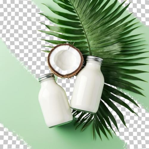 Premium PSD | Coconut milk and fresh coconut with green leaves transparent background top view Premium PSD