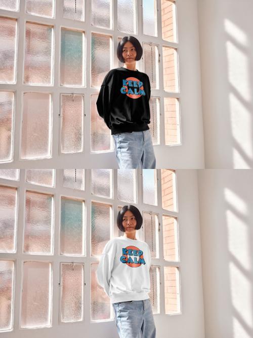 Mockup of Asian woman wearing sweatshirt with customizable color by window 640128410