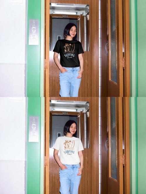 Mockup of woman Asian wearing t-shirt with customizable color in doorway 640127850