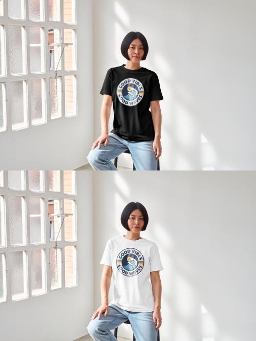 Mockup of Asian woman wearing t-shirt with customizable color by window, front view 640127592