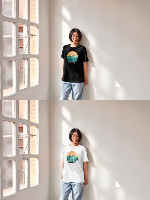 Mockup of Asian woman wearing t-shirt with customizable color leaning against wall 640127462