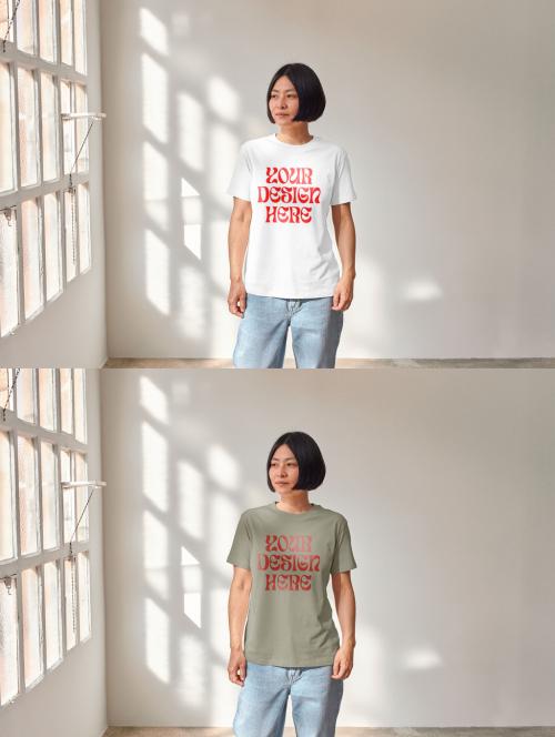 Mockup of Asian woman wearing t-shirt with customizable color, waist up 640126813