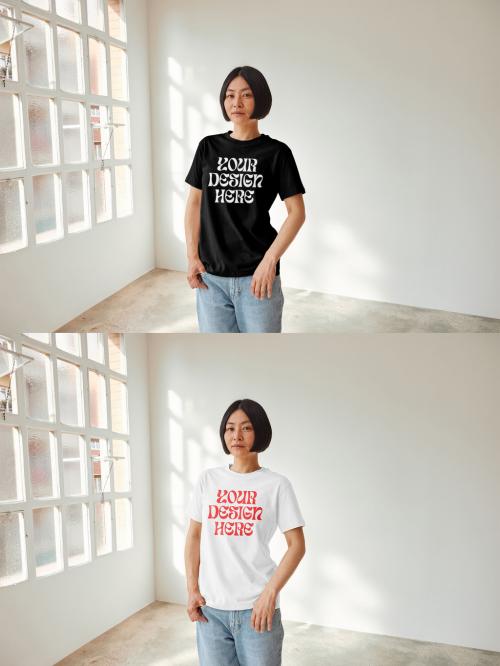 Mockup of Asian woman by window wearing t-shirt with customizable color 640126572