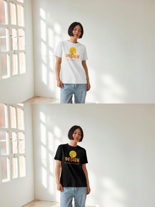 Mockup of Asian woman wearing t-shirt with customizable color by window 640126389