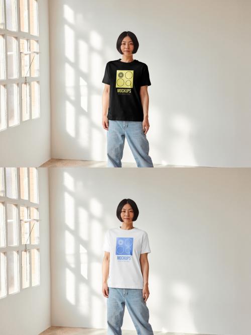 Mockup of Asian woman wearing t-shirt with customizable color, front view 640126348