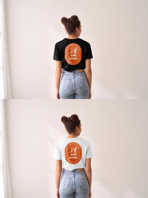 Mockup of woman wearing customizable t-shirt, rear view 640121819