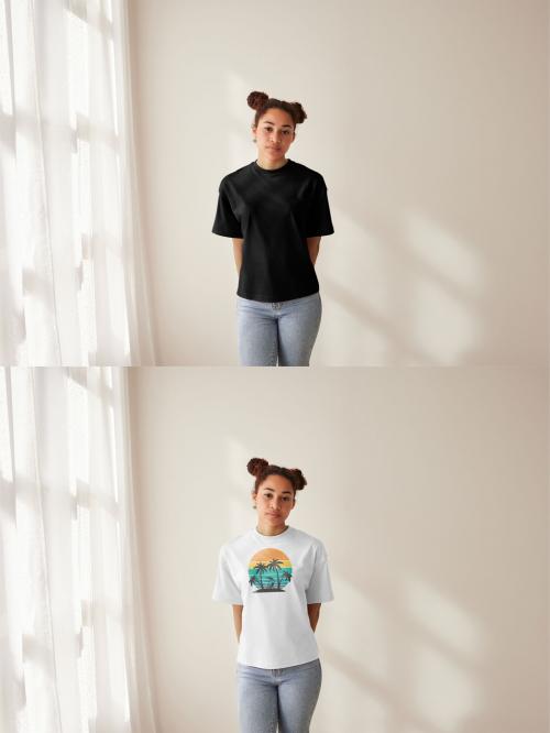 Mockup of woman wearing customizable t-shirt by window, hands behind back 640121604