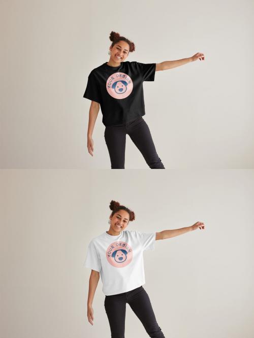 Mockup of woman wearing t-shirt with customizable color, arm out 640121440