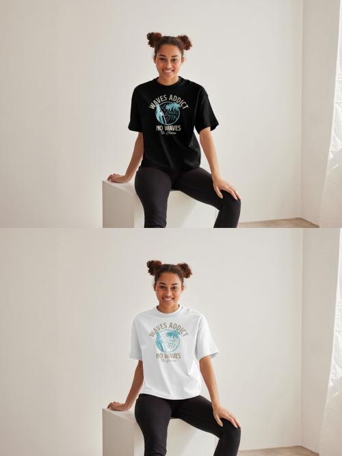 Mockup of woman wearing t-shirt with customizable color, sitting on plinth 640121378