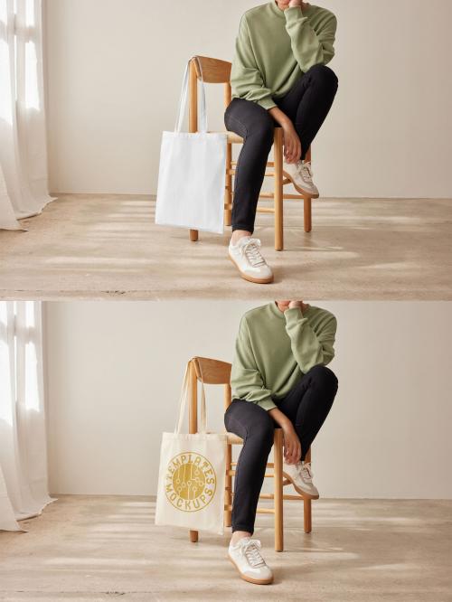 Mockup of woman sitting with customizable tote bag hanging from chair 640120811