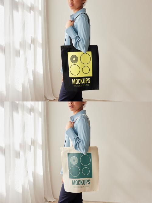 Mockup of woman wearing customizable tote bag over shoulder, cropped 640120139