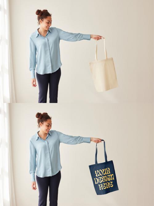 Mockup of woman holding customizable tote bag with arm out 640120107