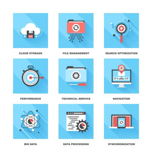 Vector set of flat data management icons on following themes - cloud storage, file management, search optimization, performance, technical service, navigation, big data, data processing, sync 639916873