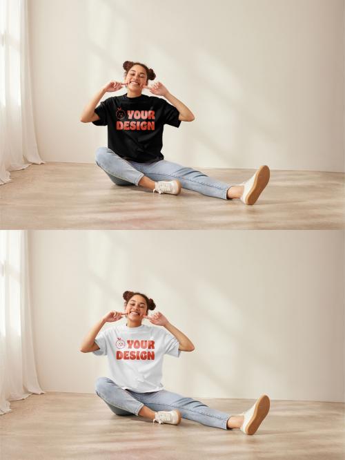 Mockup of woman wearing t-shirt with customizable color, sitting on floor 640119679